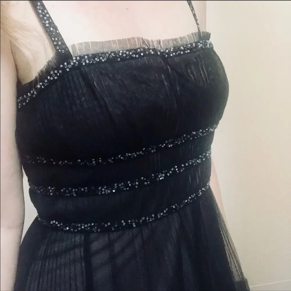 NEW BCBG Max Azria Black Pleated Beaded Tank Top Cocktail Midi Dress M - Picture 5 of 13
